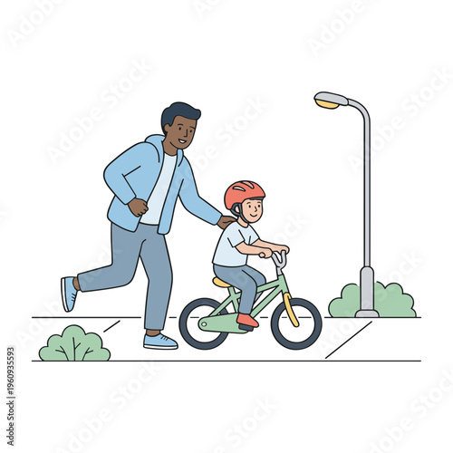 Father teaching son to ride bike on sidewalk near street lamp