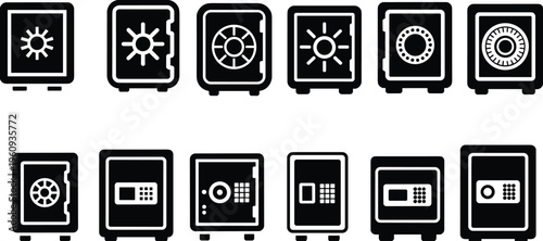 Collection of black and white safes with various locking mechanisms and digital interfaces locks keypads