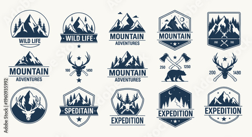 Vintage Mountain Adventure and Wildlife Logo Badge Set. Minimalist Vector Illustration of Expedition Emblems with Deer, Bear, Axes, and Forest for Retro Outdoor Branding.