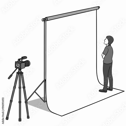 A man standing in front of a photo studio backdrop