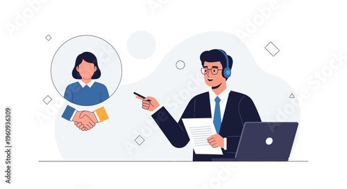 Business meeting, customer service, online consultation, handshake, teamwork, support, laptop