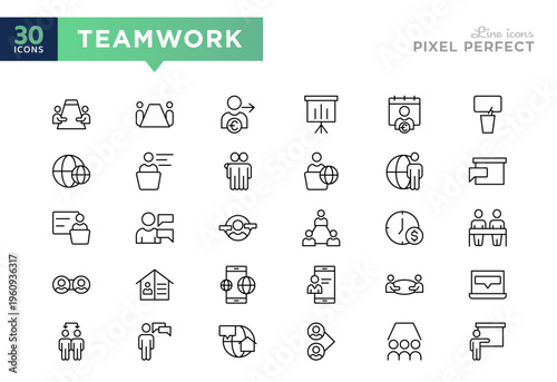 Team connects line icon set. Global Meeting, collaboration, communication, business relations, community, social network, outline vector icons