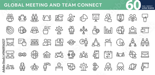 Global Meeting and Team Connect line icon set. Collaboration, communication, connection, business relations, community, social network, relationship outline vector icons. Editable stroke