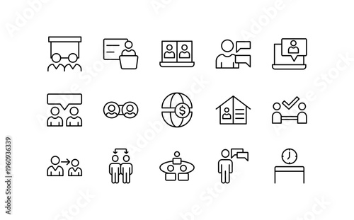 Global Meeting and Team Connect line icon set. Collaboration, connection, business relations, relationship outline vector icon collection