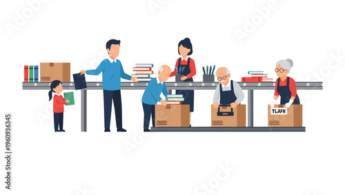 Packing and Shipping: A group of individuals meticulously organizes and packages various items on a production line. 