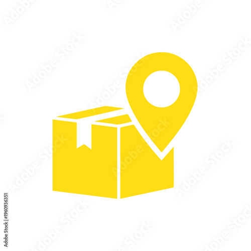 Free Download Yellow location marker graphic rests on a three-dimensional representation of a cardboard delivery package suggesting location. - GFXLoad