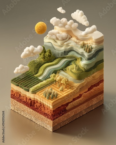 Calm daylight scene with layered mountains, soft rain cloud and warm spiral sun