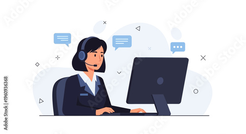 Customer service agent with headset working on computer, communication concept