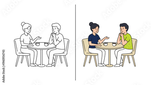 Diverse Women Talking at Cafe Table in Color and Line Art