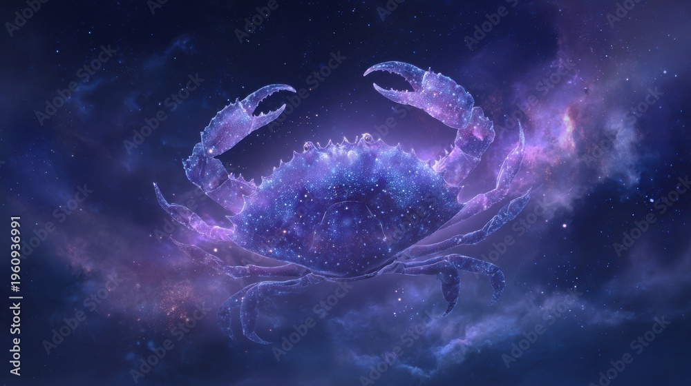 Fototapeta premium Space universe exploration, fantasy. A vivid digital artwork depicts a cosmic scene. A large, luminous crab is the central subject, surrounded by a vast expanse of stars and nebulae.