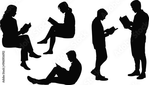 Silhouettes of people reading books in various postures, sitting and standing, educational leisure concept, literature lifestyle illustration