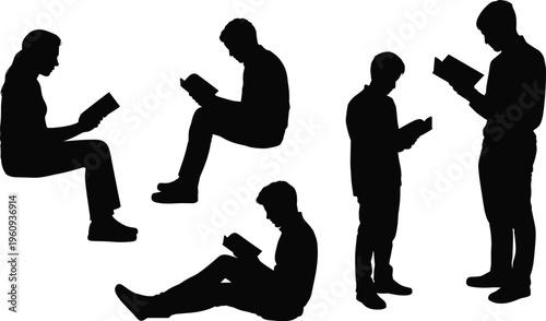 Silhouettes of people reading books in various postures including sitting, standing, and relaxing poses for education and design projects
