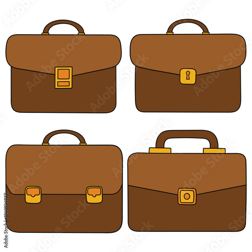 Hand-drawn cartoon set of brown leather briefcases on a white background.