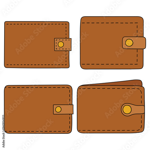 Hand-drawn cartoon set of brown leather wallets on a white background.