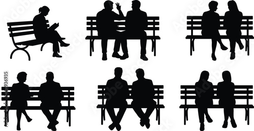 Silhouettes of people sitting on benches, reading, conversing, and relaxing, black and white illustration symbolizing social interaction and public moments