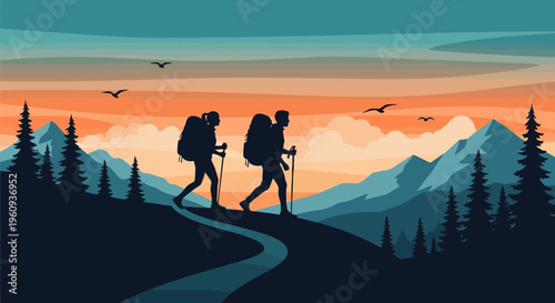 Couple Hiking in Mountains at Sunset Vector Illustration - Trekking Adventure Silhouette Background