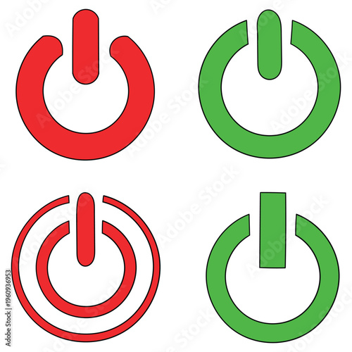 Hand-drawn cartoon set of power on off buttons on a white background.