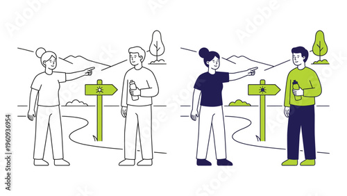 People Pointing at Signs on Road with Trees