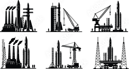 Silhouettes of rockets, launch pads, cranes, and industrial facilities, representing aerospace engineering, space exploration, and rocket launch preparation activities