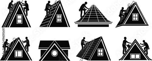 Silhouettes of roofing workers installing shingles, solar panels, cables, and inspecting rooftops, representing diverse construction, maintenance, and teamwork activities