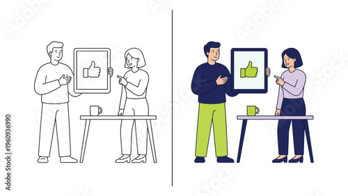 People Sharing and Discussing Thumbs Up on Social Media in Office