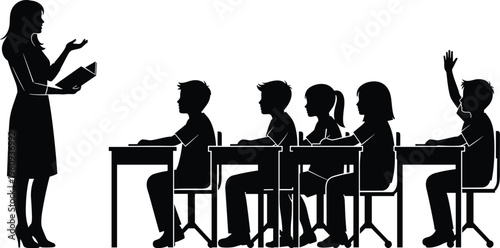 Silhouettes of teacher with book and students at desks, classroom education scene representing learning, teaching, interaction, and academic environment illustration