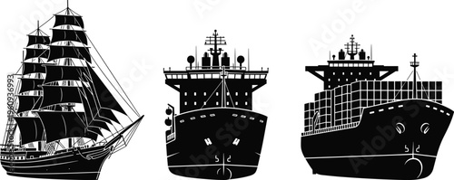 Silhouettes of sailing ship, naval vessel, and container cargo ship, representing maritime transport, naval history, and modern shipping industry evolution