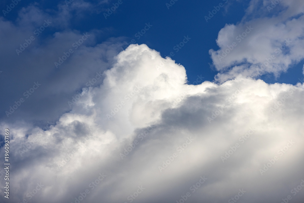 Obraz premium Large white fluffy storm clouds building in a bright blue sky captured on a sunny afternoon.