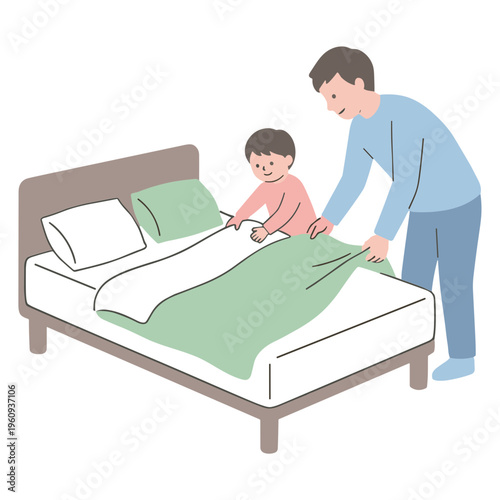 Father and child making bed together in bedroom at home