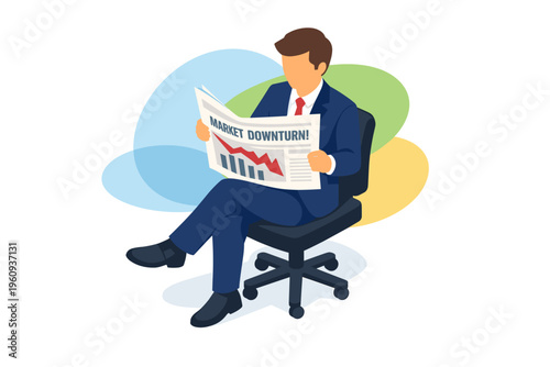 Businessman reading newspaper about market downturn.