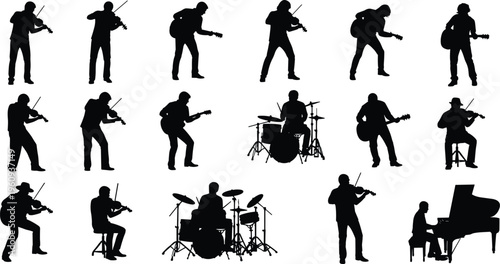 Silhouettes of musicians playing violin, guitar, drums, and piano, representing live music performance, artistic expression, and instrumental illustration artwork