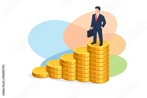 Businessman Standing on Stack of Coins Representing Financial Growth.