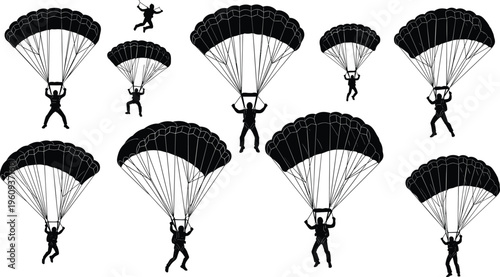 Silhouettes of parachutists descending with open parachutes and one freefall figure, representing skydiving, aerial sport, military jump, and adventure activity