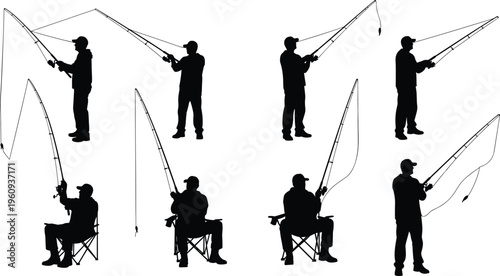 Silhouettes of people fishing with rods in seated and standing poses, representing recreational fishing, outdoor leisure, and sport activity illustration