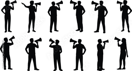 Silhouettes of people holding megaphones in expressive poses symbolizing communication, protest, advocacy, and public speaking for design projects