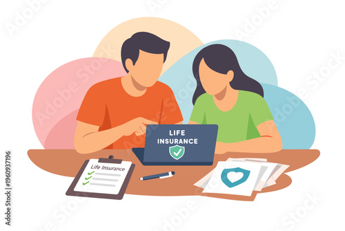 Couple reviews life insurance policy on laptop computer.
