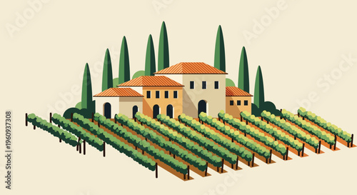 Flat Vector Illustration of a Tuscan Winery Estate with Vineyards and Cypress Trees