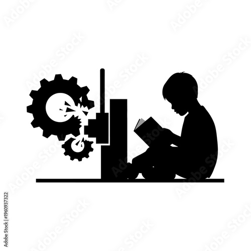 Boy sitting with machine gears.