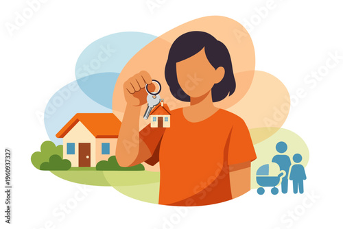 Woman holding keys to a new house with family and home in background.