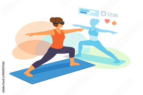Woman practicing yoga with virtual reality headset and digital avatar.