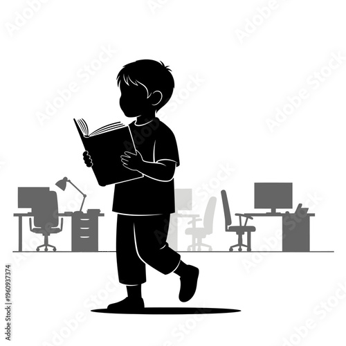 Boy Walking and Reading Book.