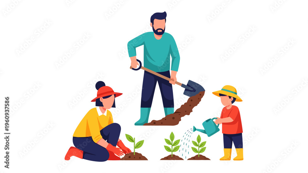 Fototapeta premium Cultivating Bonds: A family works together in their garden, nurturing plants and each other with care, love, and a shared passion for growth.