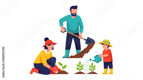 Cultivating Bonds: A family works together in their garden, nurturing plants and each other with care, love, and a shared passion for growth.