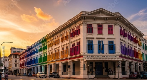 Colorful buildings in Singapore at sunset, vibrant architecture.