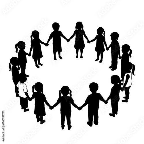 Diverse children holding hands in circle.