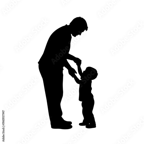 Man helping little boy stand up.