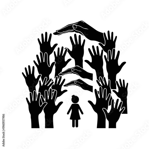 Many hands reaching for a person.