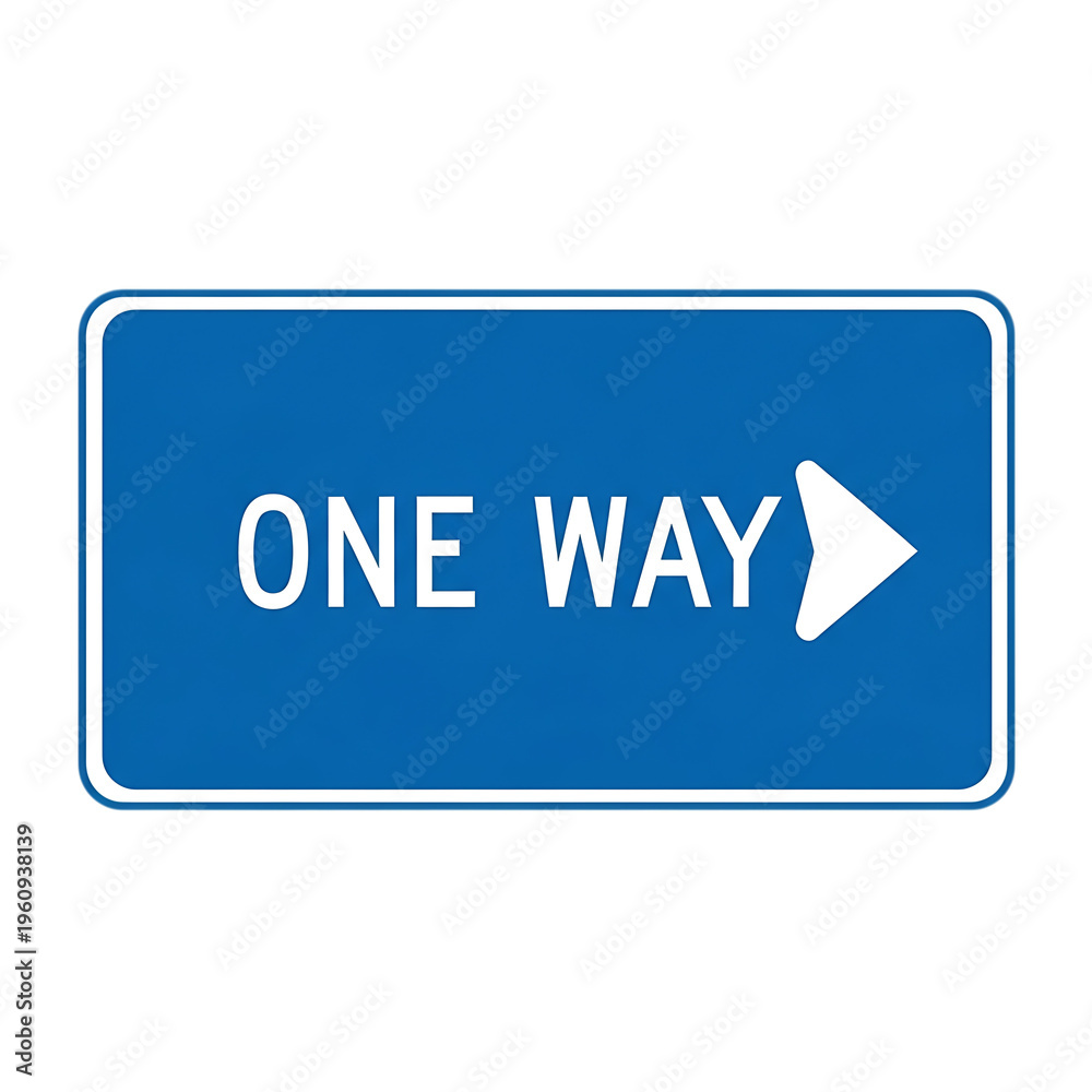 Obraz premium Rectangular blue traffic sign displaying white text 'one way' with a white arrow pointing right indicating direction and guidance for drivers isolated on transparent background