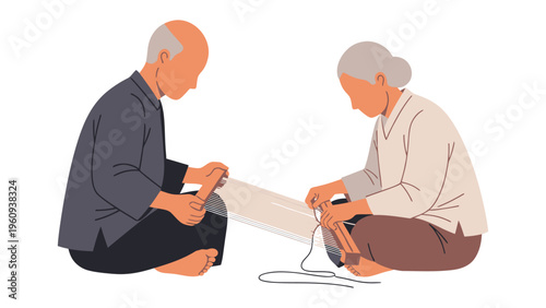 Crafting Heritage: Two elderly individuals, their faces etched with the wisdom of years, work meticulously, weaving a tapestry of tradition together.