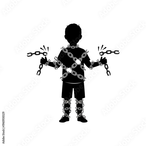 Silhouette of boy breaking free chains.